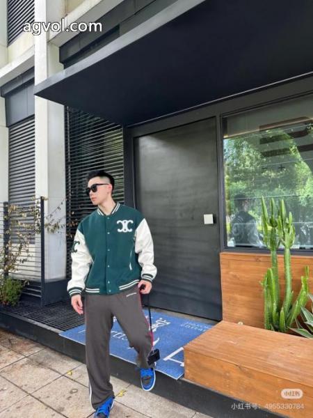 Celine2025 ssランニングモデル学院風緑と白のぶつかり色の野球服ジャケット 4