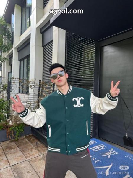 Celine2025 ssランニングモデル学院風緑と白のぶつかり色の野球服ジャケット 5